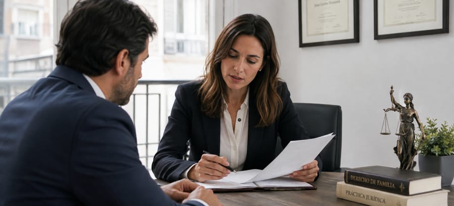 Abogada de derecho matrimonial en Madrid revisando documentos con un cliente
