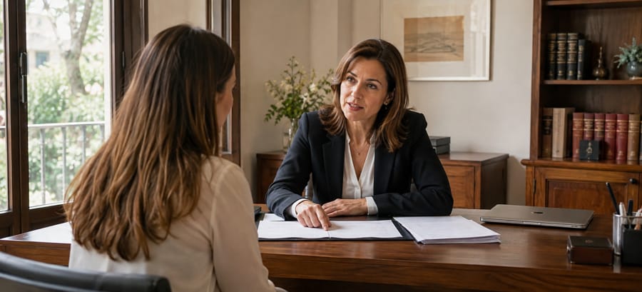 Abogada de familia en Madrid explicando los requisitos del fondo de garantía de alimentos a una clienta