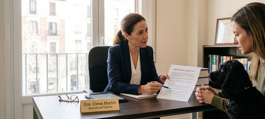 Abogada de familia en Madrid revisando un convenio regulador con un cliente sobre régimen de visitas