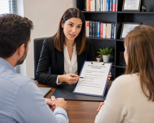 Abogada de familia explicando a sus clientes en qué consiste la exploración judicial de menores