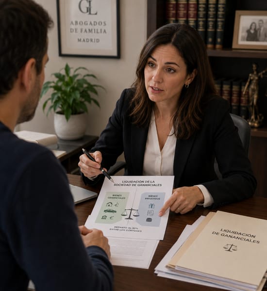 Abogada de familia explicando la liquidación de gananciales a un cliente en Madrid