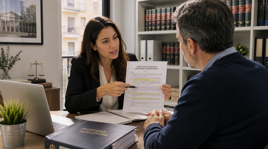 Abogada explicando a un cliente cómo impugnar una cláusula abusiva en el contrato de su comunidad