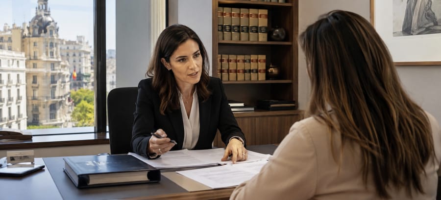 Abogada explicando las opciones legales por vicios ocultos a un cliente en Madrid