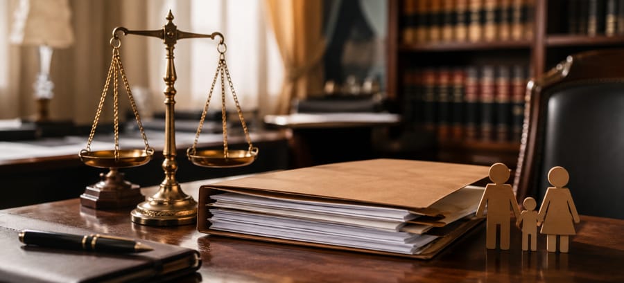 Balanza de la justicia junto a expediente de demanda de aumento de pensión alimenticia