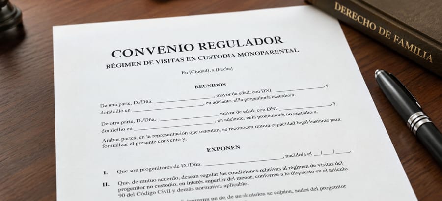 Documento de convenio regulador con régimen de visitas en custodia monoparental