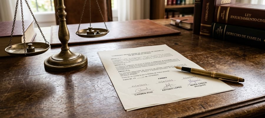 Documento de convenio regulador firmado sobre una mesa junto a una pluma y una balanza de la justicia