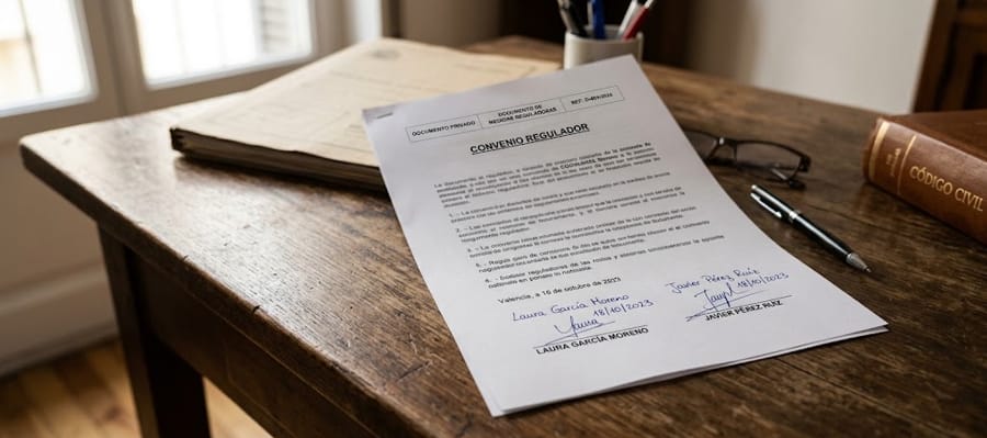 Documento de convenio regulador firmado sobre una mesa sin pasar por el juzgado