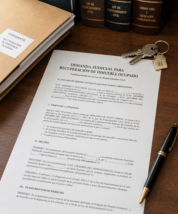 Documento de demanda judicial para recuperación de inmueble ocupado según la Ley de Enjuiciamiento Civil