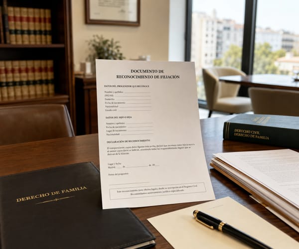 Documento de reconocimiento de filiación sobre mesa de despacho de abogados especialistas en derecho de familia en Madrid