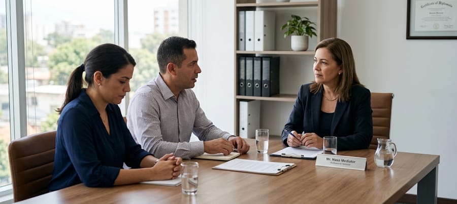 Dos personas sentadas frente a un mediador en una sesión de MASC antes de un divorcio