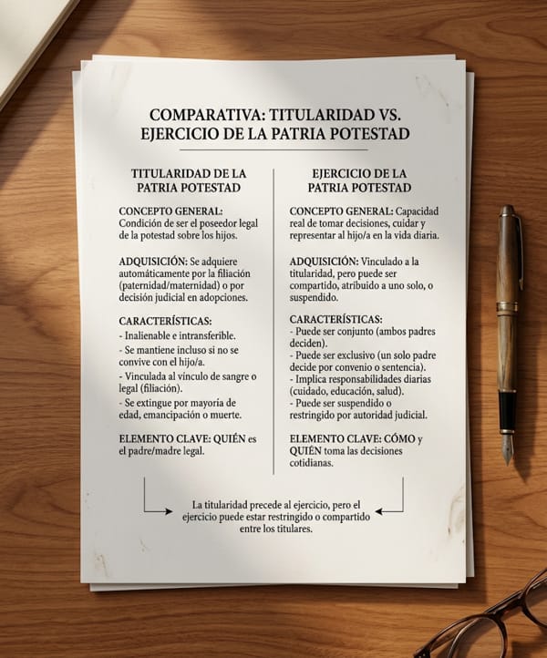 Esquema que muestra la diferencia entre titularidad y ejercicio de la patria potestad