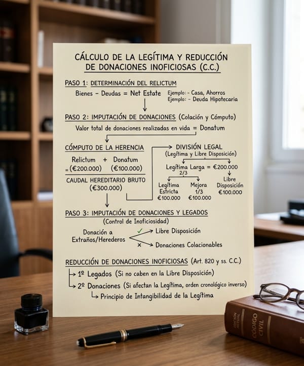 Esquema visual del cálculo de la legítima y la reducción de donaciones inoficiosas según el Código Civil