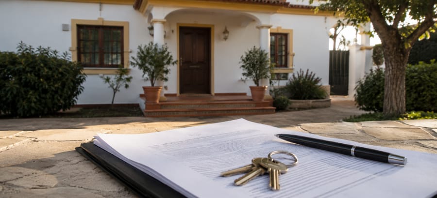 Fachada de una vivienda familiar con documentos legales en primer plano representando la demanda de extinción del uso