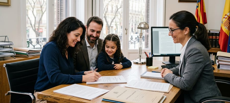 Familia formada por pareja adulta y menor firmando documentos de adopción ante abogada de familia en España