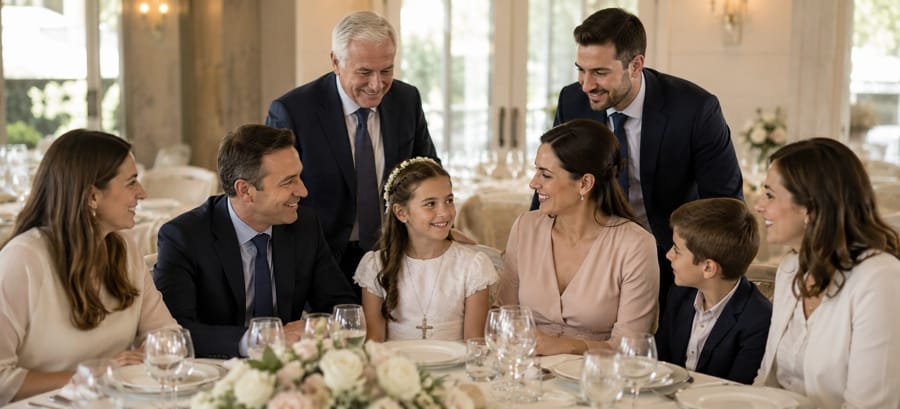 Familia separada reunida en banquete de comunión de forma organizada y pacífica