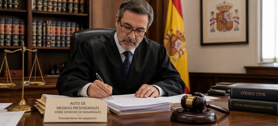 Juez firmando auto de medidas provisionales sobre sociedad de gananciales en procedimiento de separación
