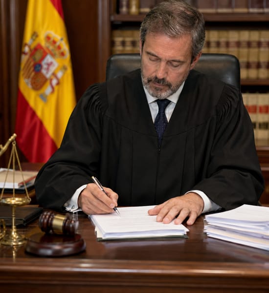 Juez firmando resolución judicial sobre comunión de menor con padres divorciados