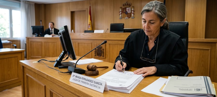 Juez firmando resolución judicial sobre extinción de adopción en España