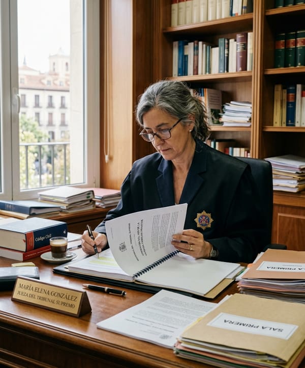 Jueza revisando sentencia del Tribunal Supremo sobre atribución del uso de la vivienda familiar privativa