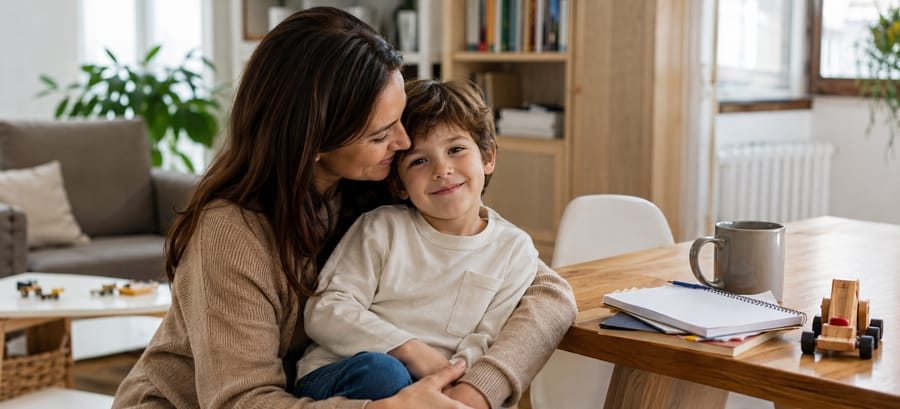 Madre con su hijo en casa tras obtener la custodia monoparental en España
