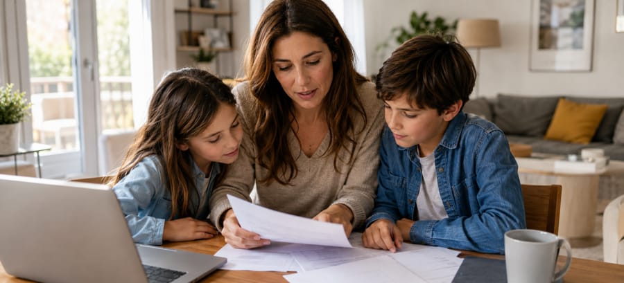 Madre con sus hijos consultando cómo solicitar el fondo de garantía de alimentos en España