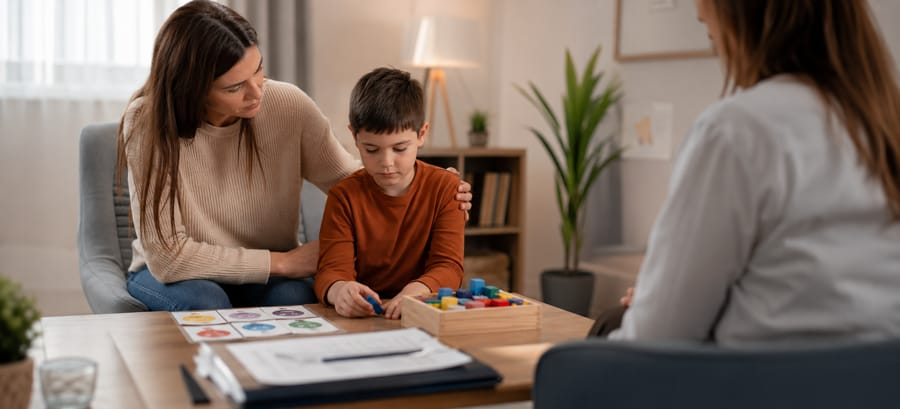 Madre e hijo con autismo en sesión de terapia durante proceso de divorcio