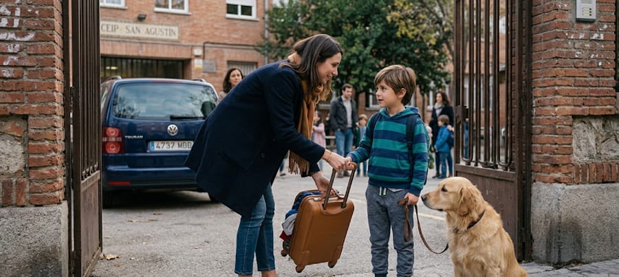 Madre entregando una maleta con ropa a su hijo durante un cambio de custodia en la puerta del colegio