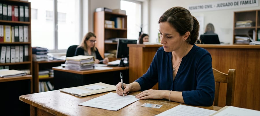 Madre firmando documentos judiciales sobre ejercicio exclusivo de la patria potestad