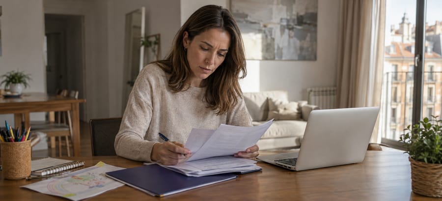 Madre revisando documentos sobre el incremento de la pensión alimenticia de su hijo