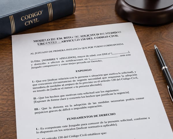Modelo de escrito de solicitud de medidas urgentes artículo 158 Código Civil sobre mesa de despacho