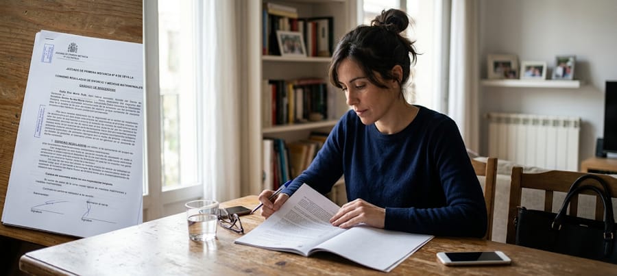 Mujer leyendo un convenio regulador de divorcio antes de acudir al juzgado a ratificarlo
