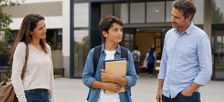 Niño con mochila y libros de texto en el primer día de colegio tras el divorcio de sus padres