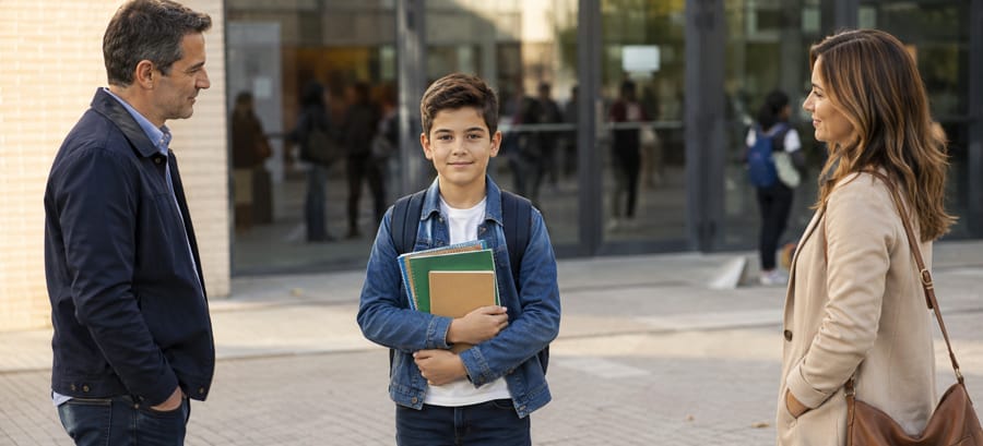 Niño con mochila y libros de texto en el primer día de colegio tras el divorcio de sus padres
