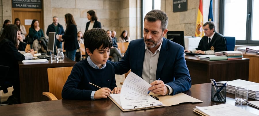 Niño con padrastro revisando documentación de adopción en juzgado de familia español