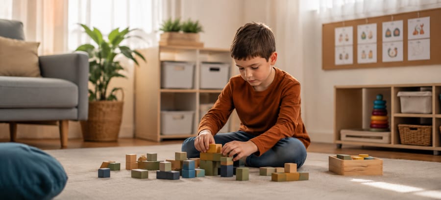 Niño con trastorno del espectro autista jugando en casa con rutina estable tras separación de sus padres