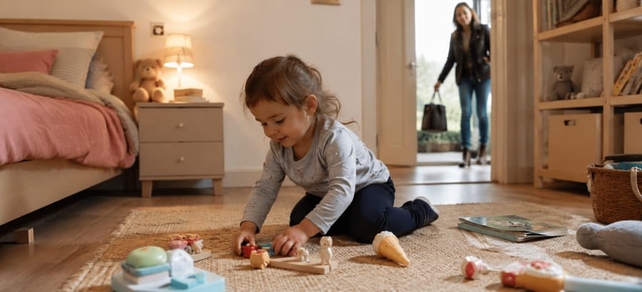 Niño jugando en su habitación estable mientras sus padres rotan en el modelo de casa nido