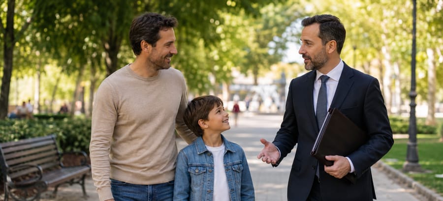 Padre e hijo en un parque mientras un abogado de familia gestiona la reclamación de paternidad en España