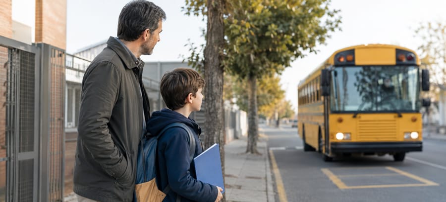 Padre e hijo esperando el autobús escolar tras el divorcio, ilustrando los gastos ordinarios de transporte en la pensión de alimentos