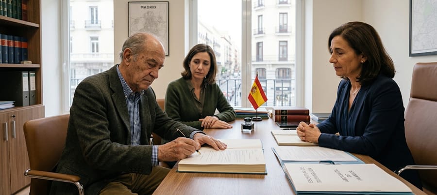 Padre mayor firmando un testamento ante notario para desheredar a un hijo en España
