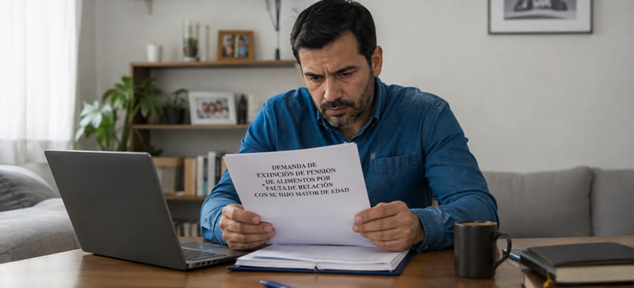 Padre sentado revisando documentos legales sobre extinción de pensión de alimentos por falta de relación con su hijo mayor de edad