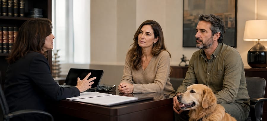 Pareja con su perro durante un proceso de separación consultando con una abogada de familia en Madrid