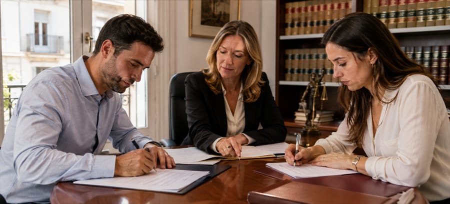 Pareja firmando documentos judiciales para la modificación de medidas de uso de la vivienda familiar tras el divorcio