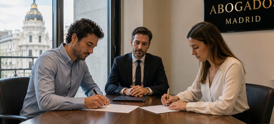 Pareja firmando un convenio regulador de divorcio en un despacho de abogados en Madrid