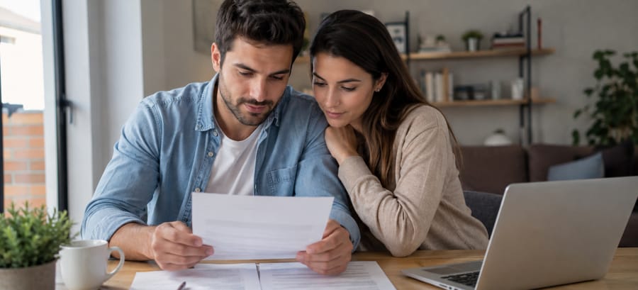 Pareja joven revisando documentos sobre régimen económico matrimonial antes de casarse