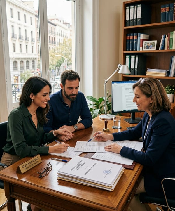 Pareja revisando documentación de adopción junto a abogada de familia en despacho en Madrid
