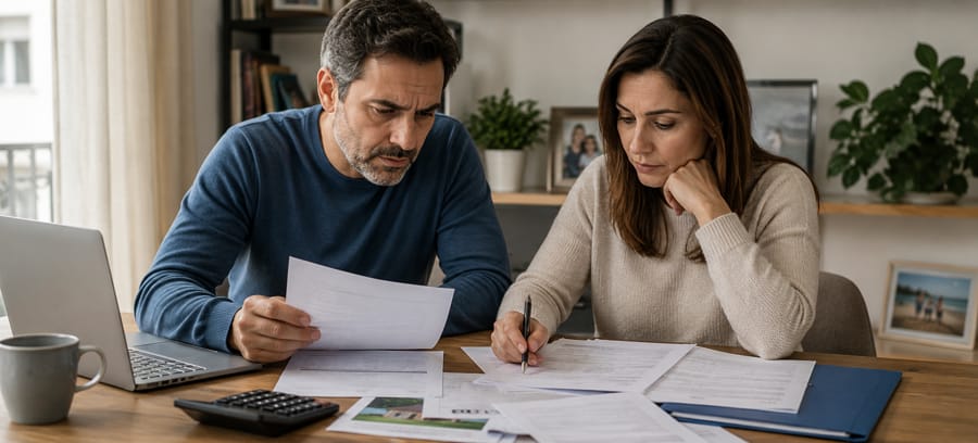 Pareja revisando documentos sobre bienes comunes durante un proceso de divorcio en España