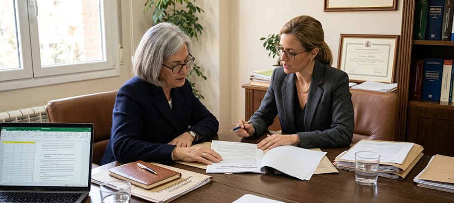 Persona revisando documentos de herencia con su abogada para reclamar una donación inoficiosa