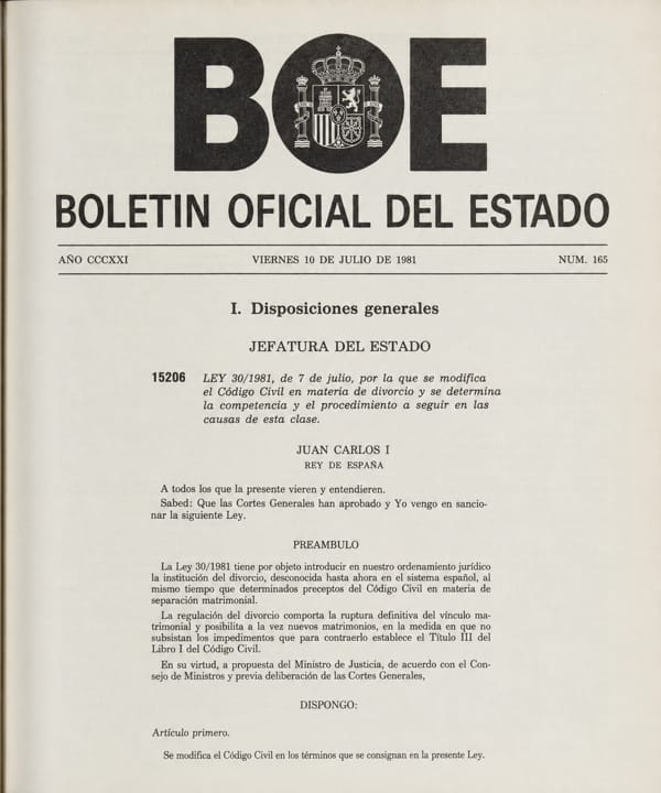 Portada de la Ley 30-1981 del divorcio publicada en el Boletín Oficial del Estado