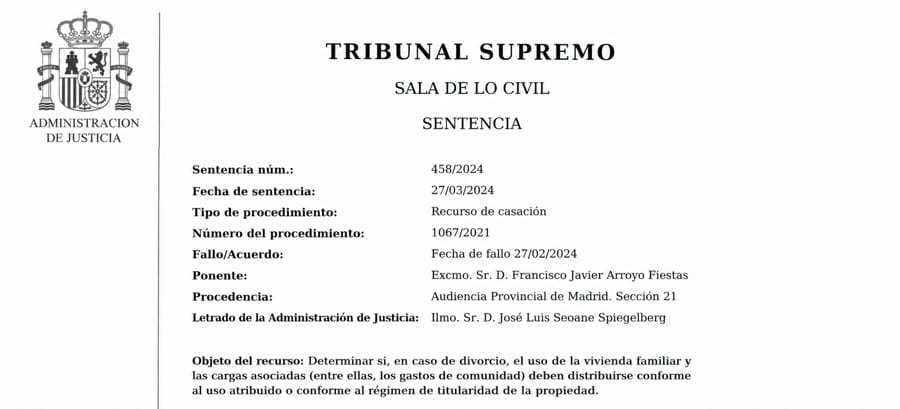 Portada de sentencia del Tribunal Supremo sobre pago de gastos de comunidad en caso de divorcio