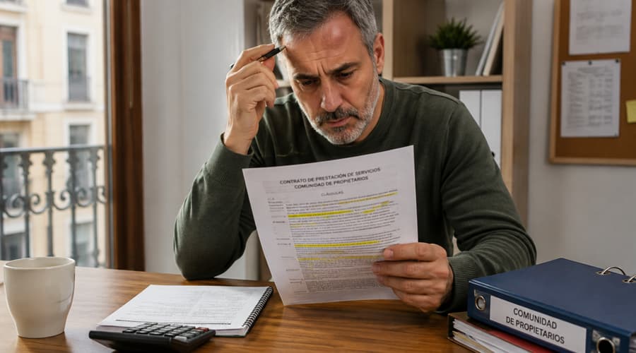 Propietario revisando un contrato de servicios de la comunidad de vecinos buscando cláusulas abusivas